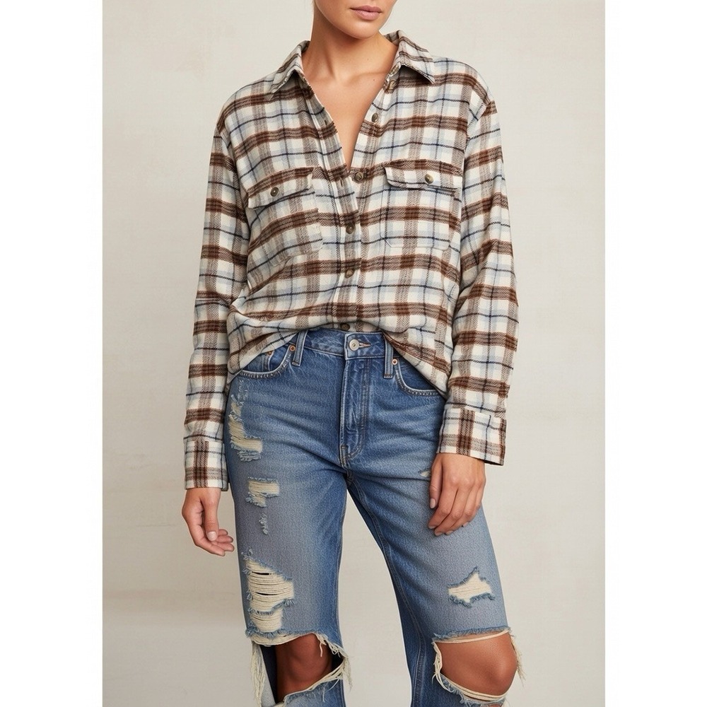 Free Assembly Plaid Button Down Flannel Shirt‎ Womens M Brown White Soft Earthy
